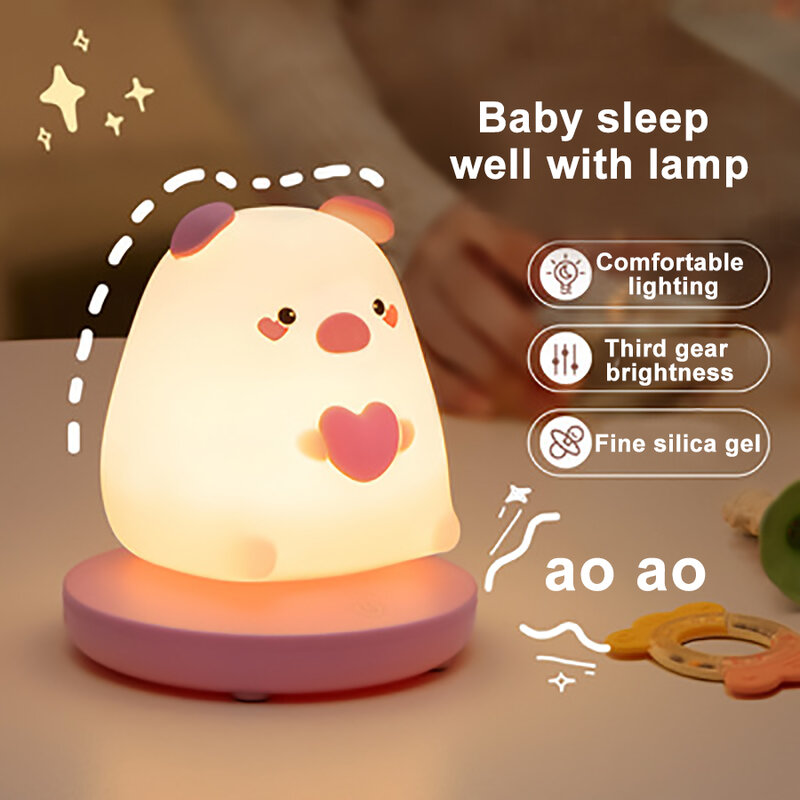 Luces LED de noche para niños, lámpara de silicona con Sensor táctil, regulable, bonito animal, cerdo, conejo, regalo de vacaciones, recargable
