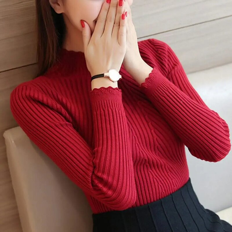 Minimalistic Sweater Flower Brim Cold Resistant Skin-Touch Solid Color Long Sleeve Women Blouse
