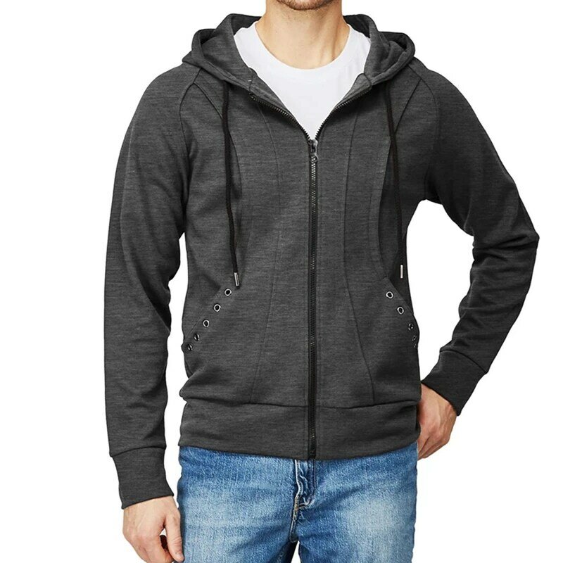 Men Hooded Hoodie with Pockets Zip-up Long Sleeve Solid Color Fall Spring Sweatshirt Male Sports Coat Jacket for Casual Daily