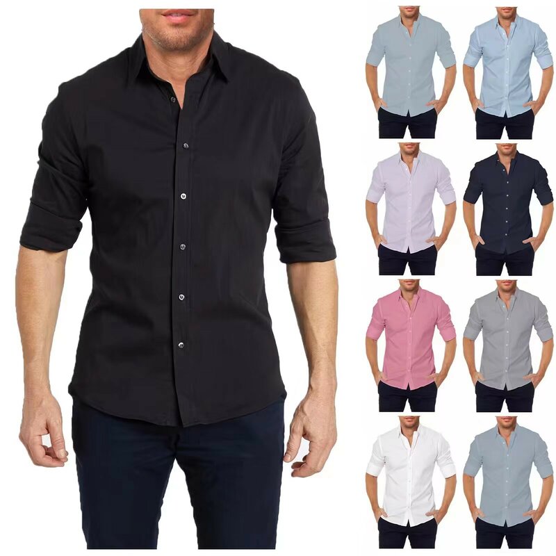 Kemeja lengan panjang pria pakaian bisnis kasual kemeja ritsleting kaus melar warna Solid kancing bawah kemeja kasual Dailywear