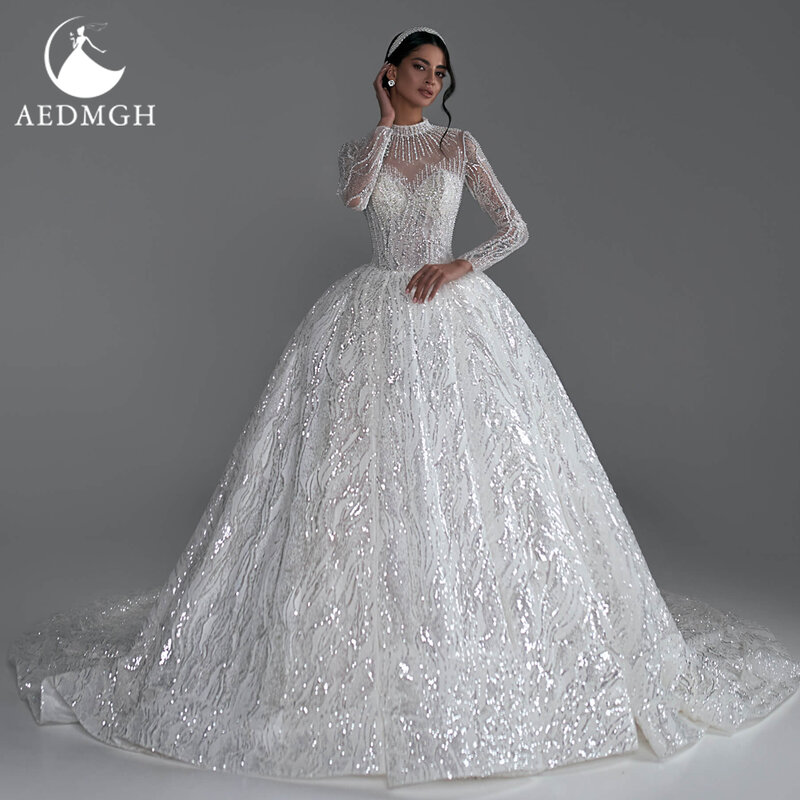 Aedmgh бальное платье Великолепные Свадебные платья 2024 платье невесты с высоким воротом и длинным рукавом Кружевное блестящее платье со шлейфом