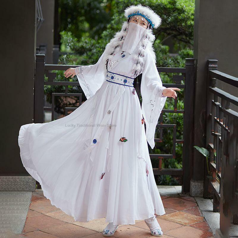 Gaun Cosplay Hanfu Xiangfei tradisional Tiongkok, pakaian fotografi, kostum dansa rakyat gaya nasional peri wanita