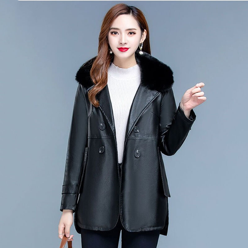 여성용 가죽 재킷, 한국 루즈 인조 가죽 바람막이 코트, 두꺼운 벨벳 파카, 오버코트 L-6XL, 가을 겨울
