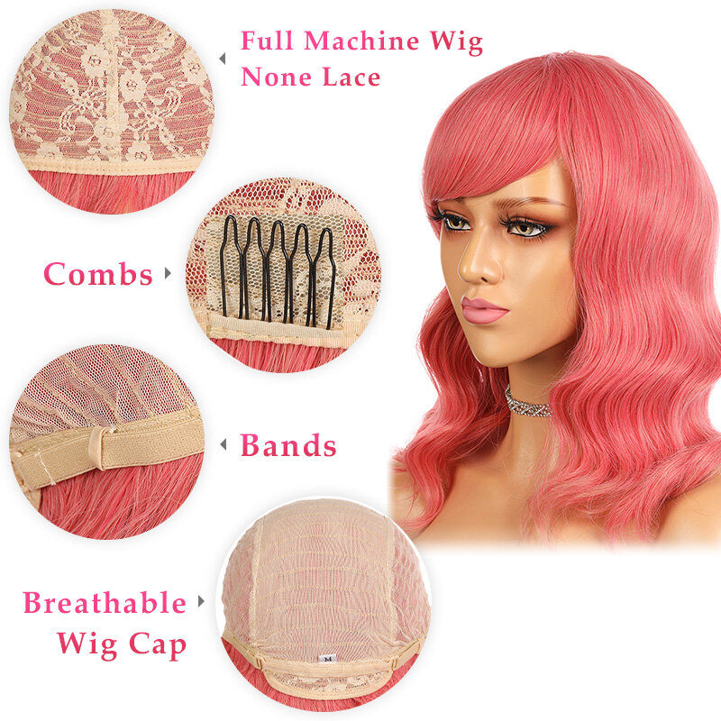 Perucas sintéticas curtas para mulheres, peruca rosa, peruca ondulada natural do Bob com estrondo, fibra de alta temperatura, peruca Lolita vermelha, 14"