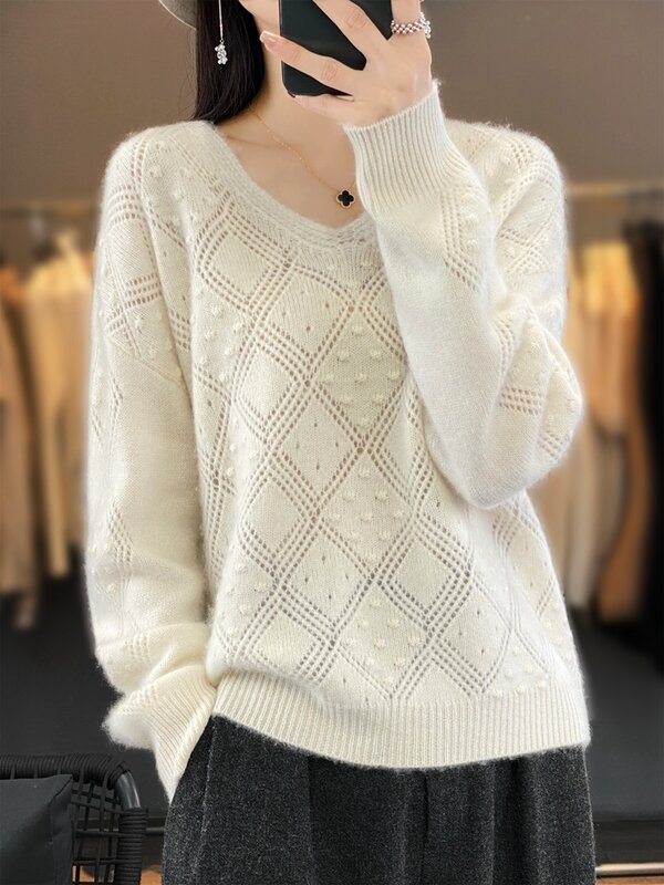 Alsalect Fashion 100% atasan wol Merino Sweater rajutan V-Neck lengan panjang Pullover musim semi musim gugur pakaian pola berongga