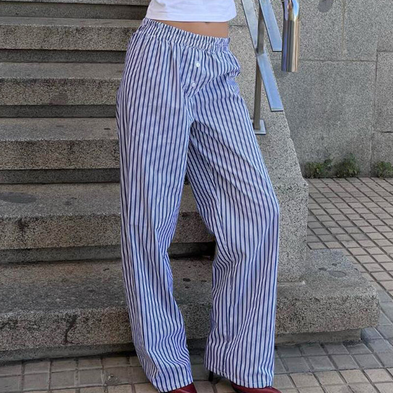 Nowe damskie spodnie Y2K Casual Cleanfit w paski elastyczne w niski stan w paski/w kratę luźne, estetyczne spodnie Streetwear z kieszeniami