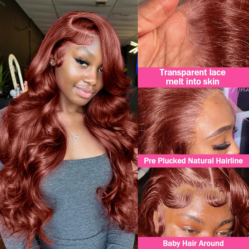 Pelucas frontales de encaje transparente para mujer, cabello humano brasileño, marrón rojizo, rojo oscuro, marrón, onda corporal, 13x6, HD
