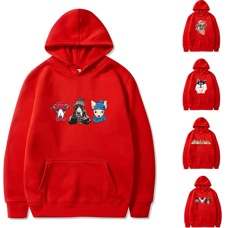 Mannen Vrouwen Hond Print Rood Sweatshirts Mode Koppels Bijpassende Lange Mouwkoppen Casual Losse Alle-Match Truien Streetwear Kleding