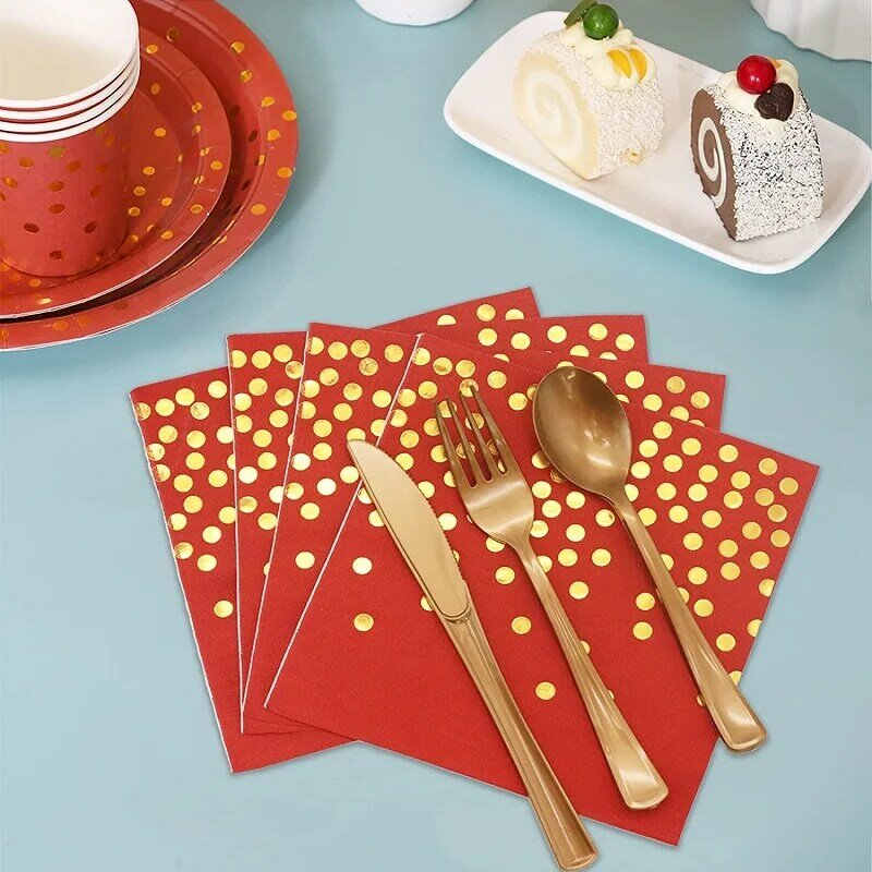 Platos de papel rojos y dorados para fiesta, juegos de vajilla desechables, platos de cumpleaños para niños, boda, Acción de Gracias, navidad