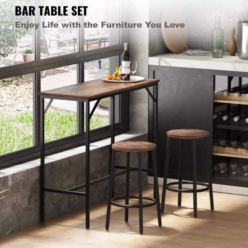 Bar Table Set, 39" Bar Table and Chairs Set, Pub Table Set w/ 2 Stools, Iron Frame Counter Height Dining Sets