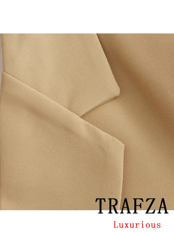 TRAFZA-Blazer vintage de peito único para mulheres, blazer casual, bolsos de manga longa, gola V, senhora do escritório, monocromático, nova moda, 2024
