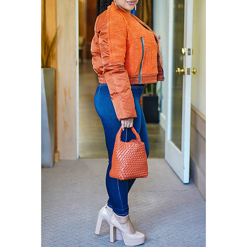 Женская деловая повседневная куртка, оранжевая Лоскутная куртка на молнии, верхняя одежда