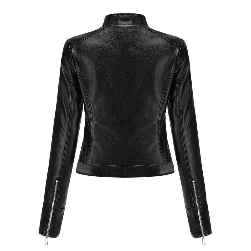 2024 Ladies New Short Autumn Stand Collar PU Leather Jacket