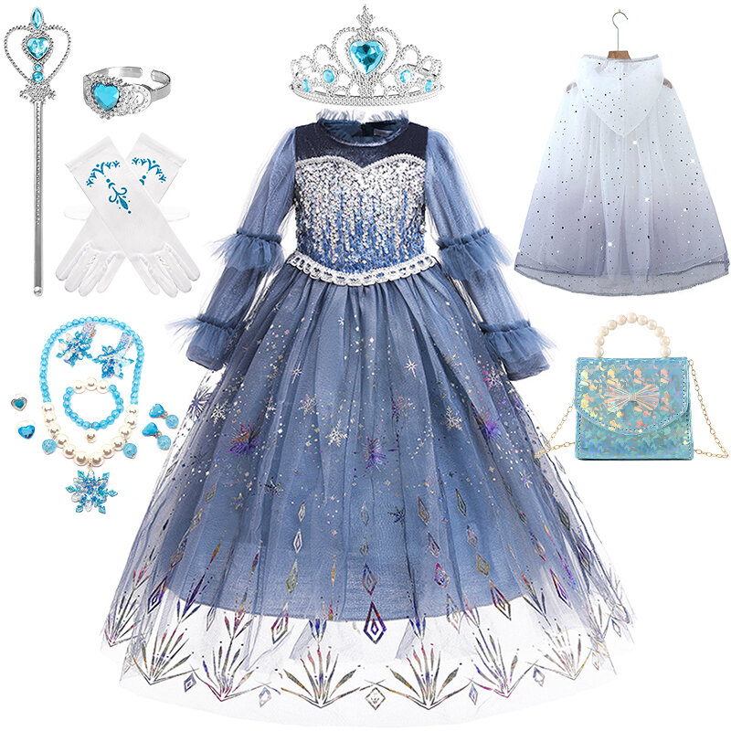 Vestido largo de manga larga para niña, ropa de fiesta de princesa Elsa, Cosplay de Halloween, Reina de la nieve con lentejuelas, Otoño e Invierno