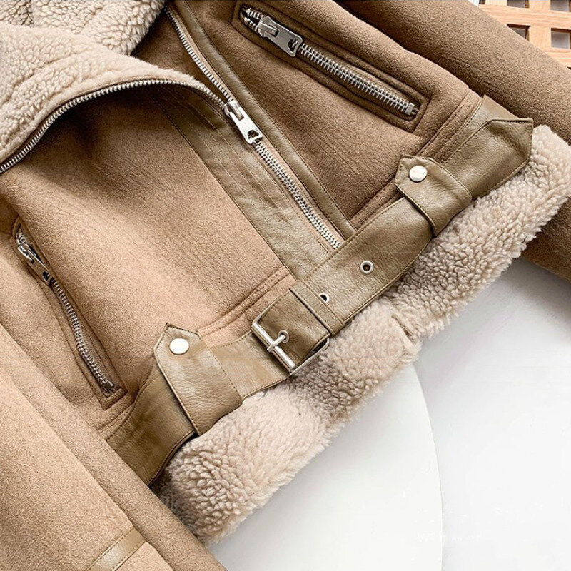 女性のための厚いヴィンテージスエードラムウールのジャケット,カジュアルなルーズフィットのシックなジャケット,フェイクレザーアウトウェア,冬