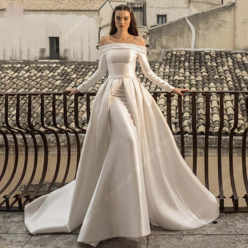 Gaun pernikahan Satin putih mengkilap, jubah Formal wanita pesta panjang 2024 tamu putri duyung elegan Formal untuk pengantin wanita musim panas