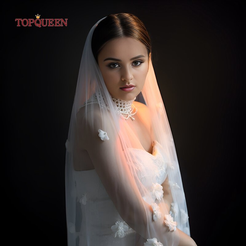 TOPQUEEN New 3d Floral Veil Wedding Single Finger Long Veil Bride Velos De Novia Lujo 2024 Wedding Dress Bride V229