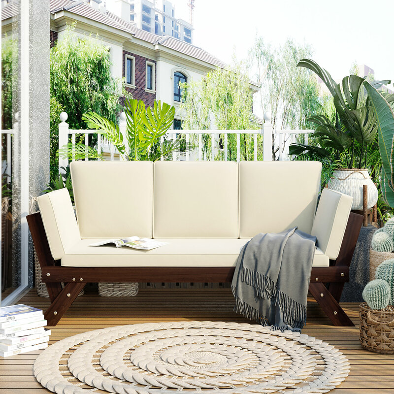 Outdoor Adjustable Patio Wooden Daybed Sofa Chaise Lounge with Cushions for Small Places Brown Finish+Beige Cushion