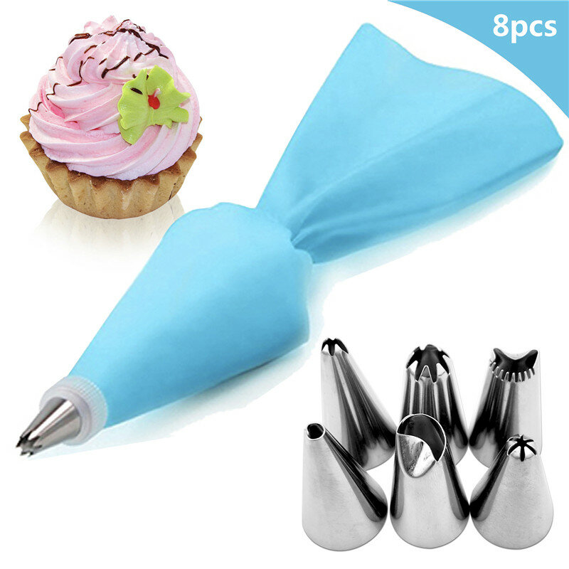 8PCS/bag Silicone Icing Piping Cream Pastry Bag + 6 Stainless Steel Cake Nozzle DIY  Decorating Tips Fondant  Tools