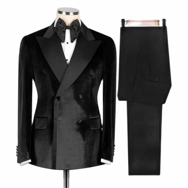 Elegant Men's Suits Blazer Double Breasted Velvet Black Peaked Lapel Formal Business 2 Piece Jacket Pants Slim Fit Costume Homme