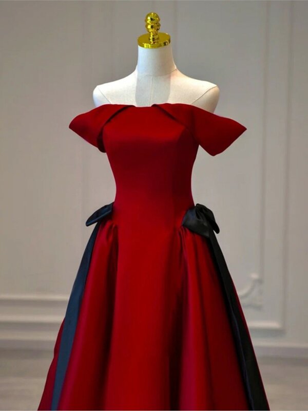 Gaun Satin tanpa bahu, gaun selempang merah anggur pertunangan baru