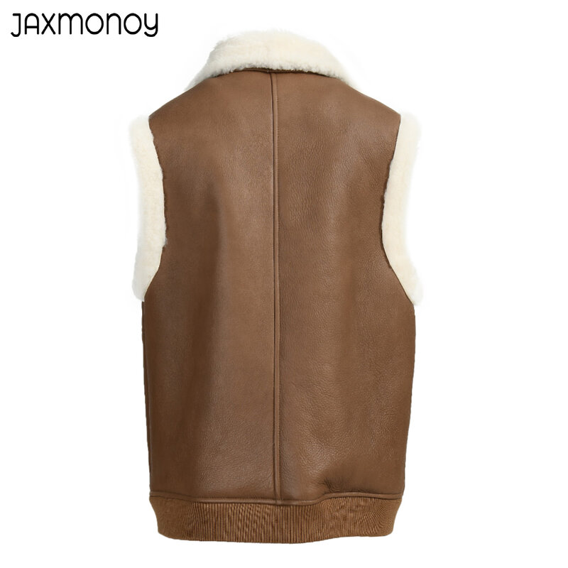 Jaxmonoy 여성용 진짜 시어링 조끼, 양가죽 조끼, 2022 새로운 스타일 양털 따뜻한 재킷, 단색 턴다운 칼라 조끼, 가을