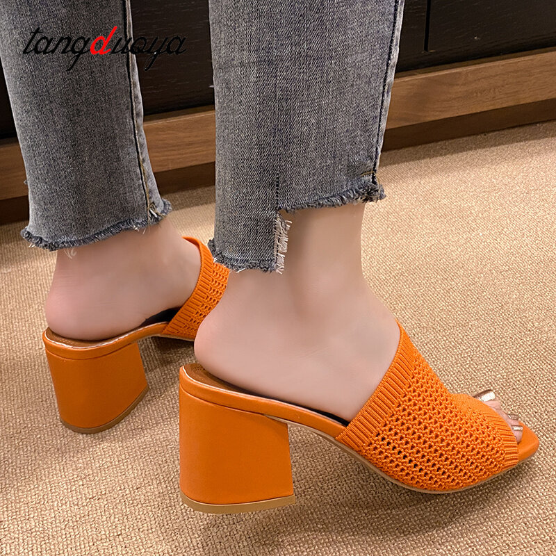 Sandálias de salto quadrado de malha para mulheres, cunha aberta, sapatos casuais leves para senhoras, verão, 2024