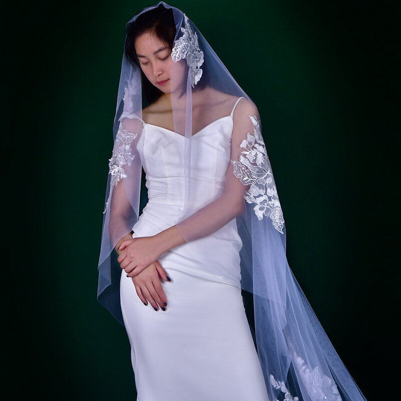 حجاب زفاف بذيل طويل مع رقعة تطريز زهور ، غطاء رأس للعروس ، بطول 3 أمتار ، BL4063