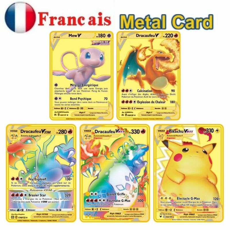 Cartão de Metal Monstro de Bolso Francês, Carta Espanhol, Cartão de Ferro, Mewtwo, Pikachu, Gx, Charizard, Vmax