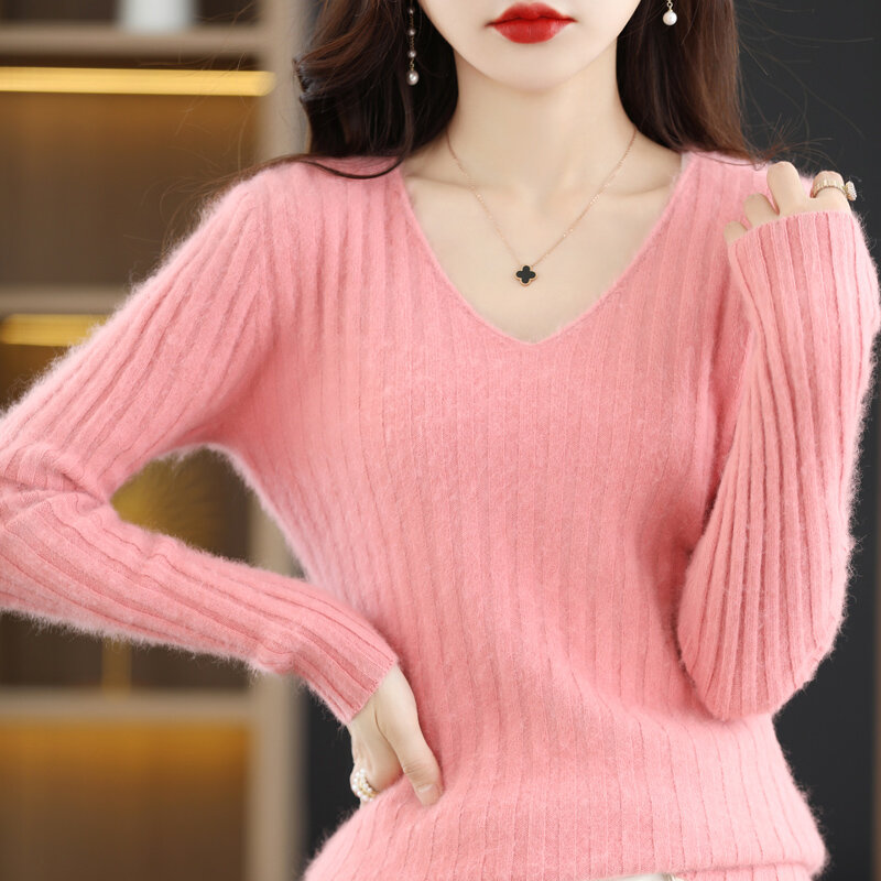 Sweter Bulu V-neck Wanita Pakaian Rajut Musim Gugur/Musim Dingin Gaya Baru Garis Pit Warna Solid Fashion Serbaguna Jaket Versi Korea