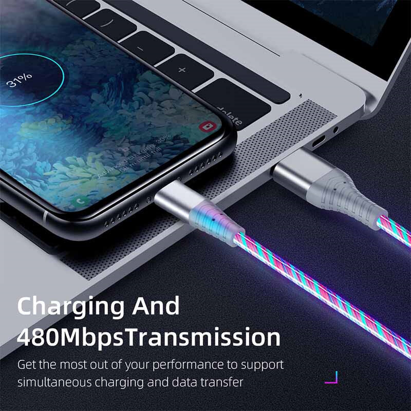 Aliran Bercahaya Kabel USB Tipe C 3A Kabel Data Pengisian Daya Cepat untuk Samsung Xiaomi OPPO Huawei Pengisi Daya IPhone Kabel USB Mikro Kabel LED