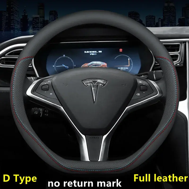 พวงมาลัยรถยนต์หนัง Nappa สำหรับ Tesla รุ่น3 Y S X 2019 - 2023 4ฤดู36-38ซม. สีดำอุปกรณ์ตกแต่งภายในรถยนต์