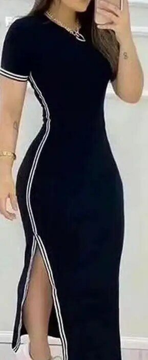 Gaun Wanita Mode musim panas 2023 Gaun A Line Maxi kurus harian lengan pendek leher-o kasual belahan tinggi bergaris pakaian wanita