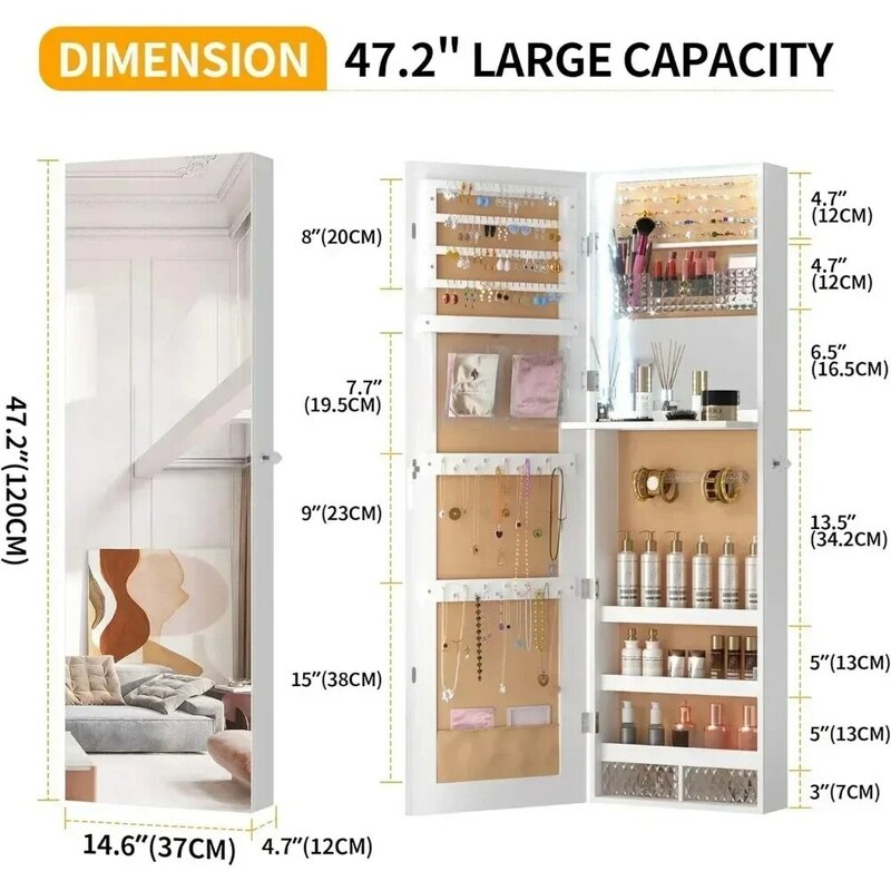 LED Jewelry Mirror Cabinet 47.2", Wall/Door Armoire Organizer, Full-Length Mirror with Storage, Over The Door Hanging Mirror