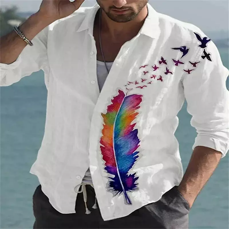 Camisa informal con solapa para hombre, camisa con estampado de Graffiti, pintura de tinta, flor, mariposa, Material Retro de alta calidad, talla grande, 2023