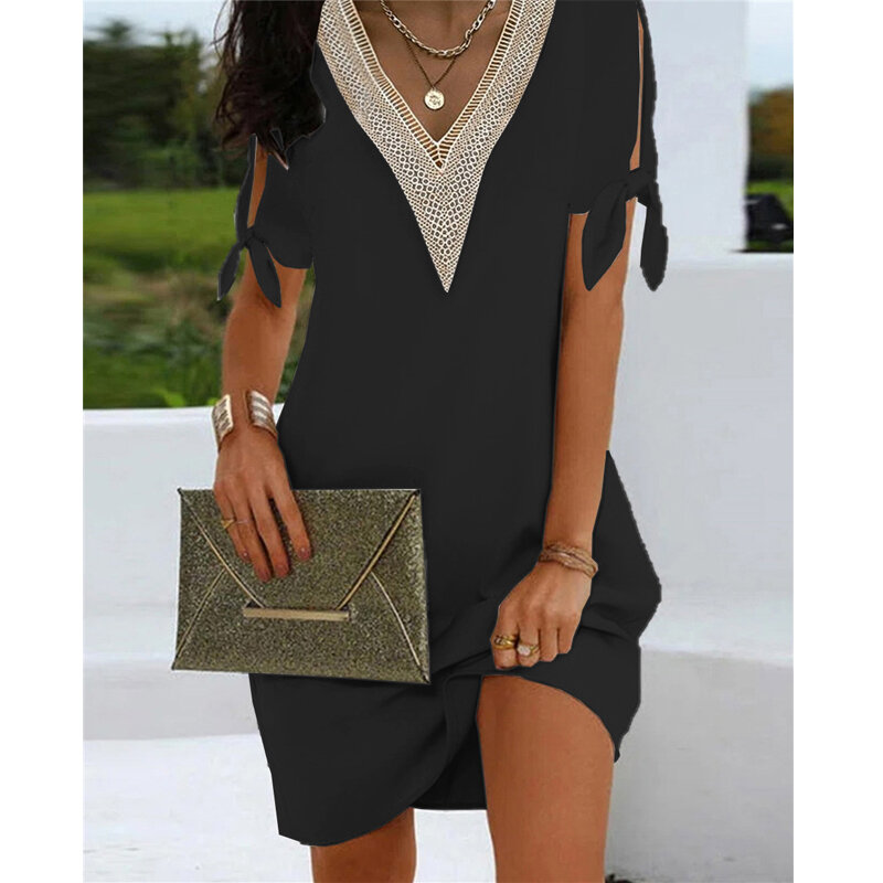 Summer V-neck Holiday Mini Dress Fashion Craft Cuff Split Bow Decoration Solid Color Casual Loose Dress Street Wear S-5XL