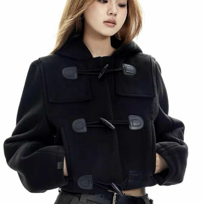 Vestes courtes à capuche en laine avec bouton corne pour femmes, mode coréenne, combo élégant pour dames, automne et hiver