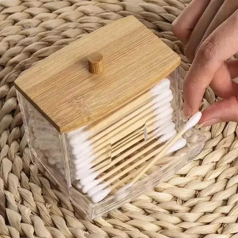 Прозрачная коробка для ватных палочек с бамбуковым покрытием, пыленепроницаемые ватные палочки, видимый диспенсер с ватными палочками