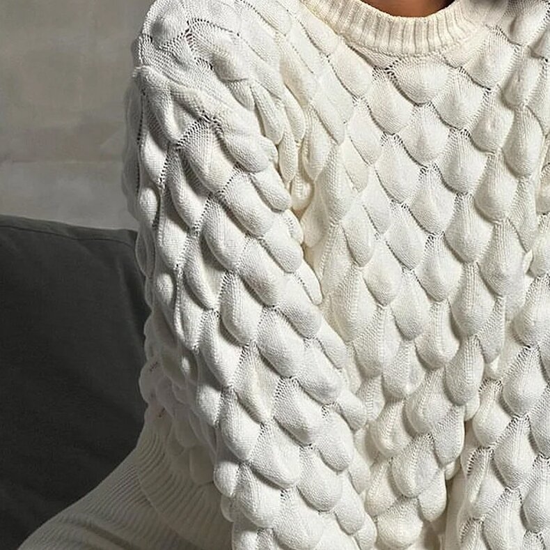 Camisola feminina com gola redonda, manga comprida, tecido de tricô branco puro, streetwear grosso, top fashion, inverno, 2023