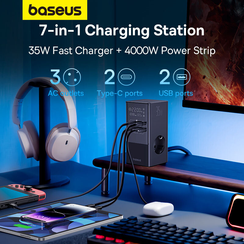 Baseus Strip daya Digital 35W, stasiun pengisian daya 7-in-1 4000W nilai daya tampilan Digital untuk iPhone 15 14 Pro Max