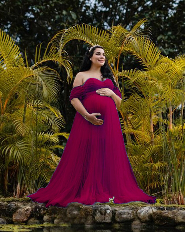 Gaun hamil baru untuk fotografi, Gaun panjang untuk fotografi ibu hamil cantik, Gaun foto merah muda panjang untuk fotografi