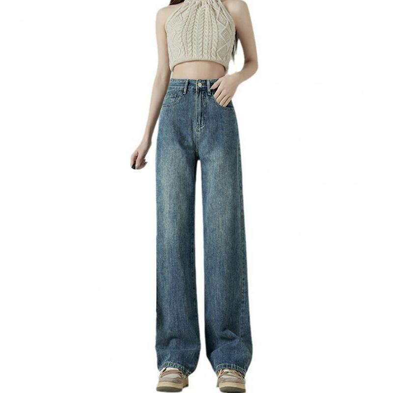 Calça jeans retrô de perna larga reta feminina, bolsos de cintura alta, zíper de botão, jeans solto, cor gradiente, verão