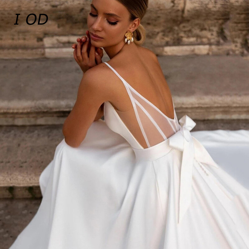 ชุดแต่งงานผู้หญิงผ้าถูพื้นเปิดหลังแขนกุด gaun pengantin SATIN แบบเรียบ I OD ใหม่