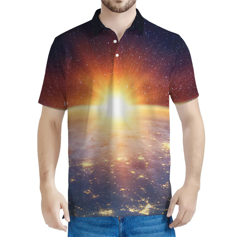 Sunrise Sky kaus Polo grafis untuk pria, baju Polo kancing jalanan kasual lengan pendek cetak 3D musim panas