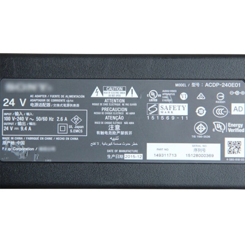 อะแดปเตอร์แปลงไฟสำหรับทีวี BRAVIA HD ทีวีจอแอลซีดี acdp-240e01 24v9.4a 225W 24v10a acdp-240e02 240W อะแดปเตอร์แปลงไฟ AC
