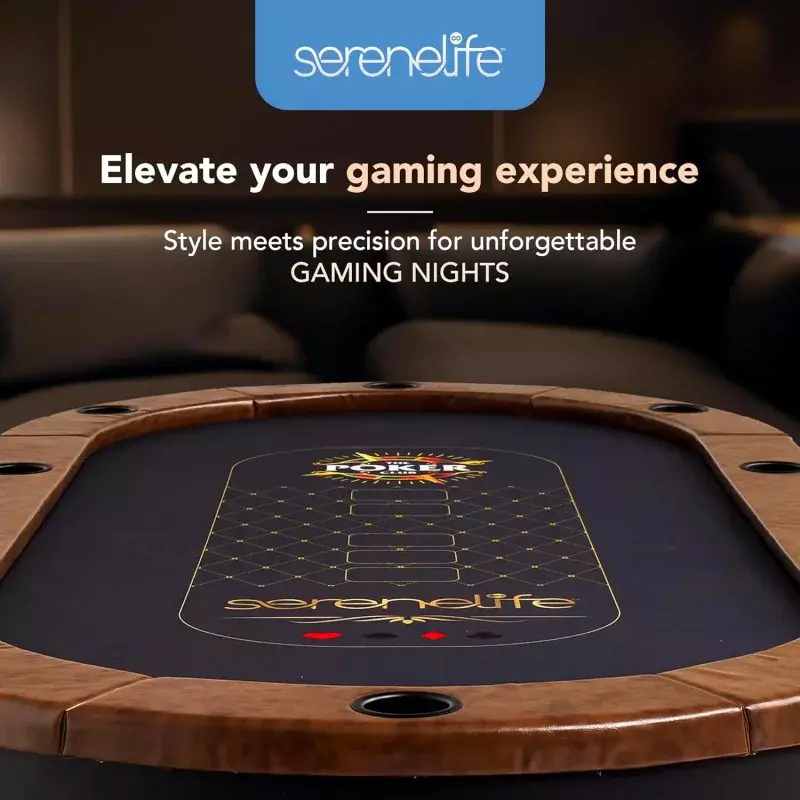 SereneLife 10-Player Oval Foldable Poker Table - Casino Texas Holdem Table with Water-Resistant Cushioned Rail, 10 Cup Holders,