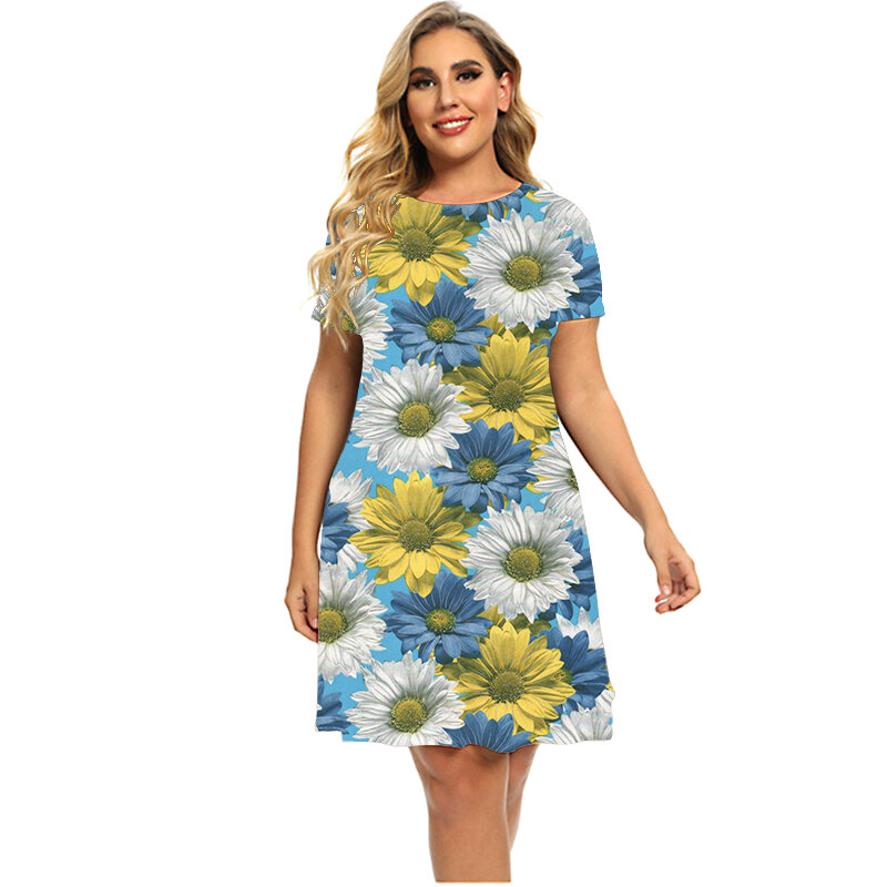 6XL Large Size 2023 Women Clothing Floral Power Print Dress Fashion Gradient Short Sleeve A-Line Dress Sundress Plus Size Dress