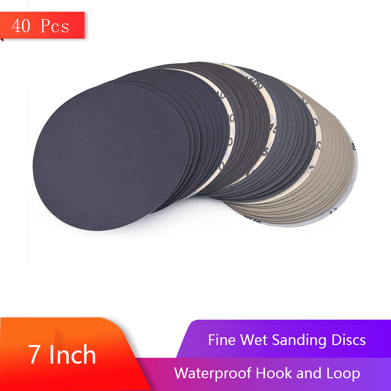 7 Inch Waterproof Hook and Loop Sanding Discs 40 Pcs Fine Wet Sandpaper  Assorted 1000/1500/2000/3000 Grit for Polishing