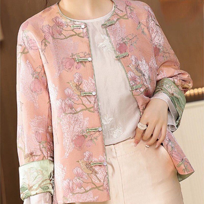 New Chinese Women's Embroidered Quilted Thin Cotton-Padded Coat Color Matching Curling Long-Sleeved Knot Button round Neck Top