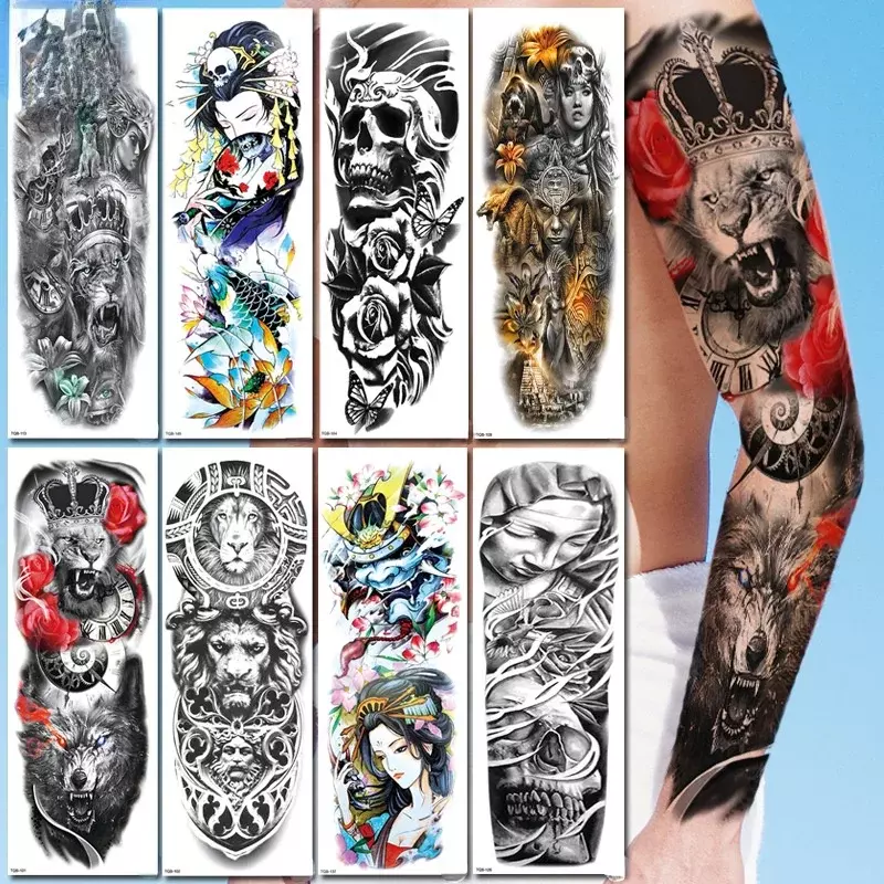 Tatuaje de tigre falso para hombres, pegatina de papel temporal de flor de dragón impermeable, tótem geométrico, brazo completo, manga de gran tamaño